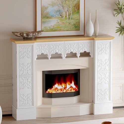 Timechee White Freestanding Electric Fireplaces Mantel Stand, Wooden Decorative Mantel