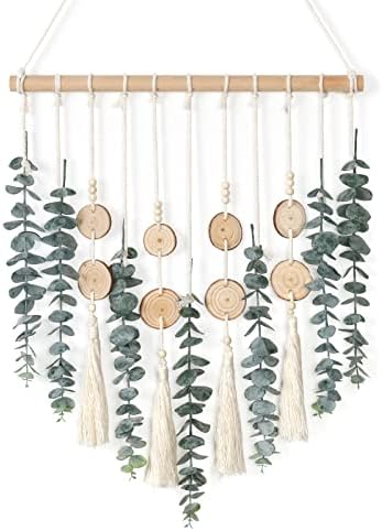 Alynsehom Artificial Eucalyptus Wall Hanging Decor Greenery Boho Chic Home Decorations Farmhouse Rustic Plants with Wooden Stick for Bedroom Living Room Apartment Ornament Gift (Green-3)
