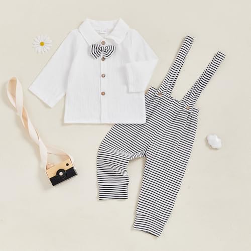 Image of VISGOGO Toddler Boy Linen Outfit Baby Boy Fall Winter Clothes Set Button-Down Shirt Tops Cotton Linen Pants 2PCS (Black-Striped, 0-6 Months)