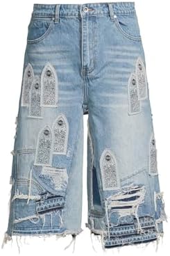 Patched Arch Blowout Denim Shorts