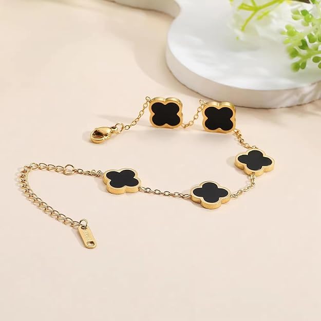 Image of STYOLLO Four-Leaf Clover Anti Tarnish Bracelet for Women & Girls Stylish | Elegant Gold-Plated Lucky Charm Jewelry | Aesthetic Enamel Design Adjustable Chain Bracelet for Daily, Gifting & Festive