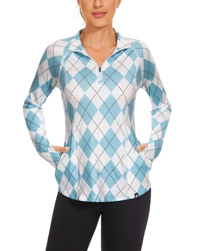 Soneven Long Sleeve Golf Polo Shirts for Women Tennis Shirt Zipper Stand Up Collar Tops with Thumb Holes Pocket(2129-Blue Plaid, X-Large)