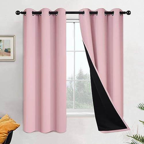 Image of Yakamok Pink 100% Blackout Curtains 63 Inches Long for Bedroom 42 inch Wide | Blackout Curtain Panels for Bedroom, 2 Thick Layers Grommet Top Thermal Insulated Drapes with Black Liner for Living Room