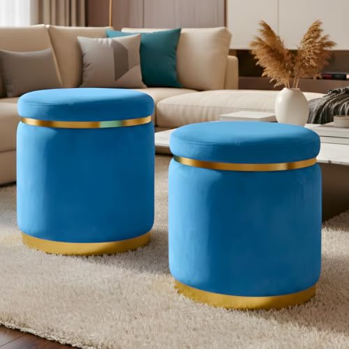 Image of Decorative Ottoman Pouffes for Sitting - Two-Piece Set of Puffy Stools and Footstools - Round Ottoman Stool for Living Room Furniture (Sky Blue)