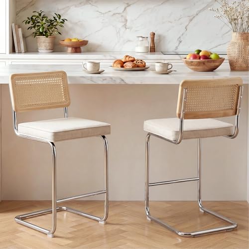 Image of Zesthouse Natural Rattan Counter Stools Set of 4, 26'' Modern Counter Height Barstools, Thin Linen Bar Stools with Solid Wood Back, Mid Century Cantilever Bar Chairs for Kitchen Island, Beige Grayish
