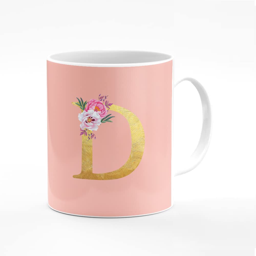 Stylizedd Designer Printed Coffee Mug 11oz Ceramic Personalised Gift Mugs Cup -Custom Monogram Initial Letter Floral Pattern Alphabet - D (Hot Pink)