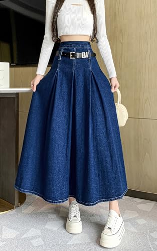 ebossy Women's Belted High Waist Zipper Pleats A-Line Flare Maxi Long Denim Jean Skirts3