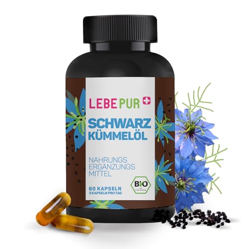 Lebepur Bio Schwarzkümmelöl Kapseln - 60 hochdosierte Kapseln mit 1500 mg Schwarzkümmelöl pro Tagesdosis - vegan, 100% Bio, schonend kaltgepresst - laborgeprüft, ohne Zusätze und Vitamin E