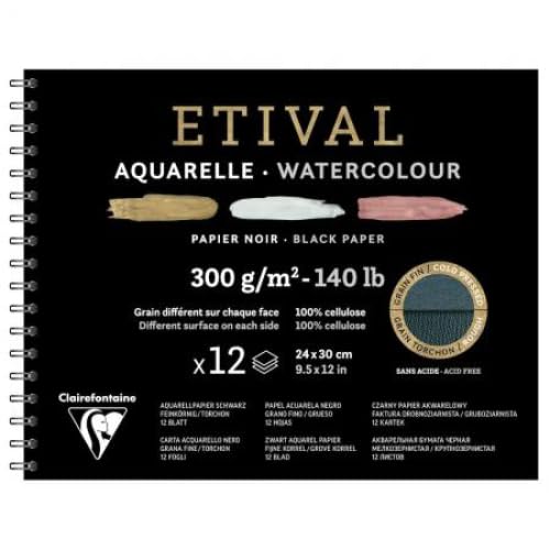 Lot de 5 Album spiralé de 12 feuilles de papier aquarelle Etival Noir grain fin/torchon, 300 g/m², 24x30