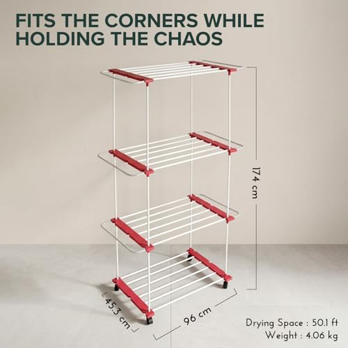 Image of TNT THE NEXT TREND Trixy 3 Layer Carbon Steel Indoor & Outdoor Cloth Dryer Stand | Heavy Duty Clothes Drying Rack with U-Bars, Wheels, 50.1 ft Drying Space, (L96 x B45.3 x H174 cm), Cherry
