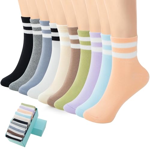 Image of SISOSOCK Quarter Crew Cotton Socks for Women Striped Athletic Casual Breathable Socks 10 Pairs with Gifts Box