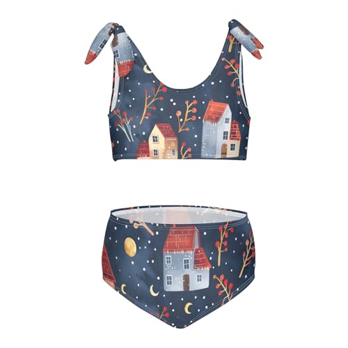 Girls' Bikini Set, Houses Barberry Branches Stars Moon Kids Swimsuit 2 Pcs Beach Bathing Suit