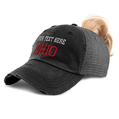 Custom Womens Ponytail Cap Ohio State USA America B Embroidery Cotton Distressed Trucker Hats Strap Closure Black Personalized Text Here