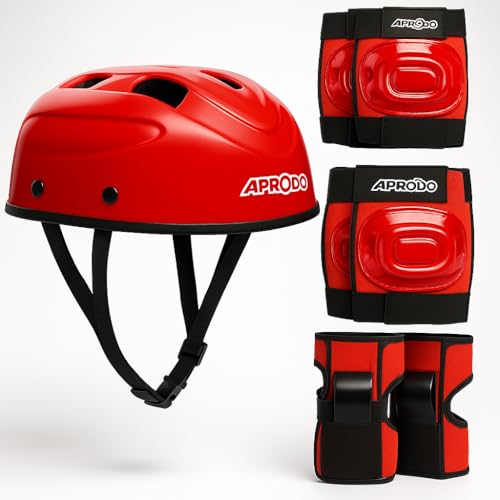 Image of Aprodo Kids Sports Protective Gear Set | from Beginner to Advanced | for Ages 3-5-8-14 Boys & Girls | Includes Knee & Elbow Pads, Wrist Guards | Ideal for Skateboarding, Cycling & Scooter (Red)