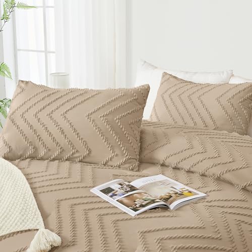 Image of Andency Taupe Comforter Set Full Size, Boho Soft Warm Tufted Bedding Comforter Sets for Full Size Bed, 3 Pieces Aesthetic Chevron Farmhouse Cute Bohemian Textured Bed Set