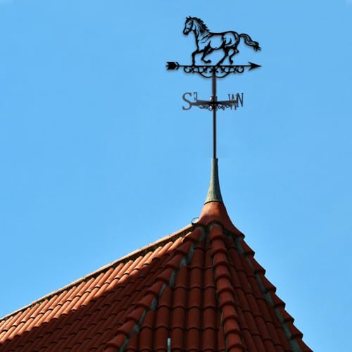 INFUNLY Pferde-Wetterfahne Aus Metall, Schwarze Pferde-Wetterfahne, Pferde-Windfahne, Reines Handgefertigtes Pferde-Eisen-Wegweiser, Dach, Garten, Outdoor, Bauernhaus-Dekoration, 13.78X10.63/35 cm X