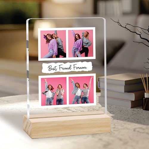 Image of Giftplease Customized Friends Plaque with Wooden Stand | Personalized Photo Frame with Quote | Best Friend Birthday Gift, Farewell Gift, Friendship Day Gift for BFF Keepsake Room Decor FR 11