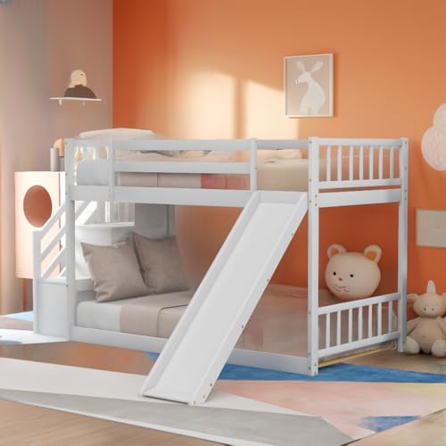 SOFTSEA Twin Over Twin Low Bunk Bed with Slide Floor Bunk Beds with Stairs