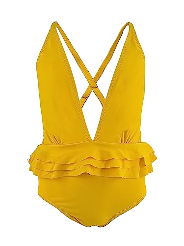 Costume da Bagno Intero con Volant per Bambine e Ragazze con Scollo a V e Incrocio Posteriore cod.2200 (8-10 Anni, 2206 Giallo)
