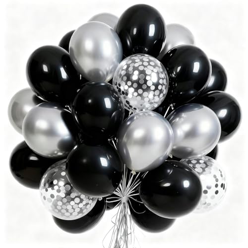 Image of PartyWoo Black and Silver Balloons 65pcs 12 Inch Matte Black Metallic Chrome Silver Confetti Balloons for Graduation Baby Shower Men Birthday Wedding Anniversary New Year's Eve Party Decorations