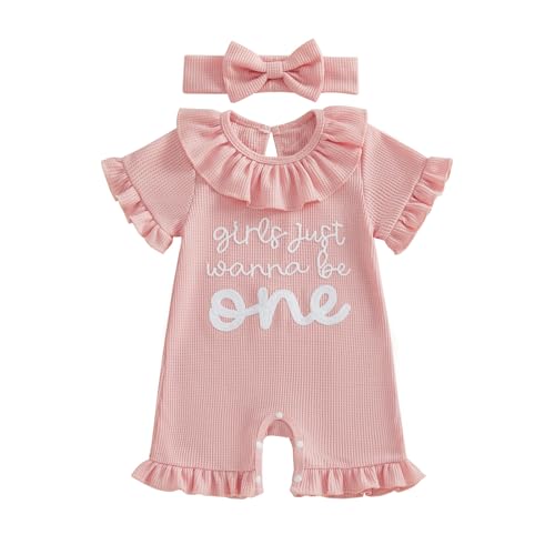 Carolilly Infant Baby Girls First Birthday Outfits Letter Embroidery Short Sleeve Ruffled Romper and Bow Headband Baby Girls Summer Clothes (Pink 12-18 Months)