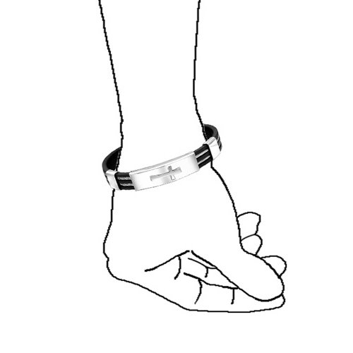 Religious Diagonal Inspirational Sideways Cross Identification ID Bracelet For Men Teens Silver Tone Stainless Steel Black Silicone Wristband Butterfly Clasp - Image 4