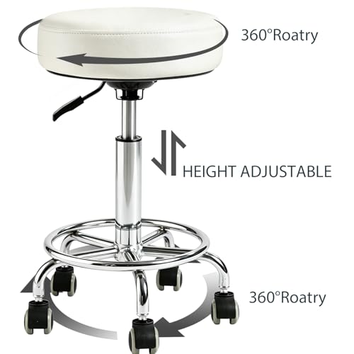 Image of Rolling Stool with Wheels - 500lbs,Thick 9.5cm Cushion, Height Adjustable | PU leather|Swivel silent rubber casters|Foot pedal ring|space-saving|For Drafting salon tattoo clinic garage home office