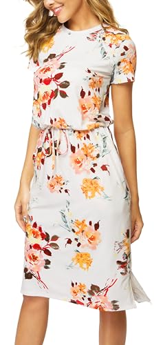 Image of Simier Fariry Womens Summer Short Sleeve Teacher Casual Midi Dress Floral White M