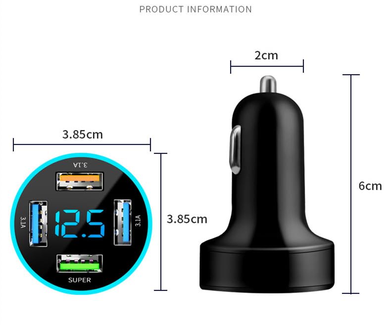Caricabatteria da auto per accendisigari, USB QC3.0, con cifre