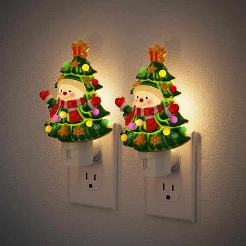JandCase Christmas Tree & Snowman Night Light, 3000K Night Lights Plug into Wall,Cute & Funny Ceramics Christmas Night Light for Kids, 360° Rotatable for Home Party Decor,1 Pack