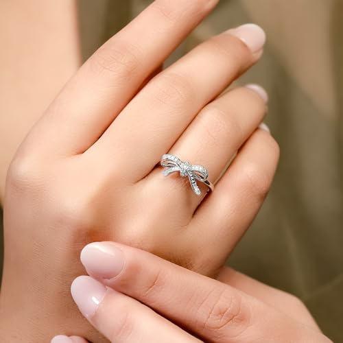 Cali Trove 1/10 CT Natural Diamond Ribbon Bow Rings for Women |14KT & 18KT Gold Vermeil 925 Sterling Silver | Gifts for Women | Promise Ring Gift for Her in White Yellow or Pink Gold2
