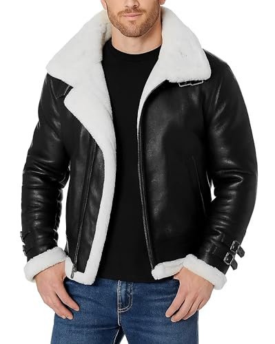 III-Fashions Mens Aviator B3 White Fur Shearling Pilot Removable Hooded Black Flight Bomber Leather Jacket Sheepskin Coat