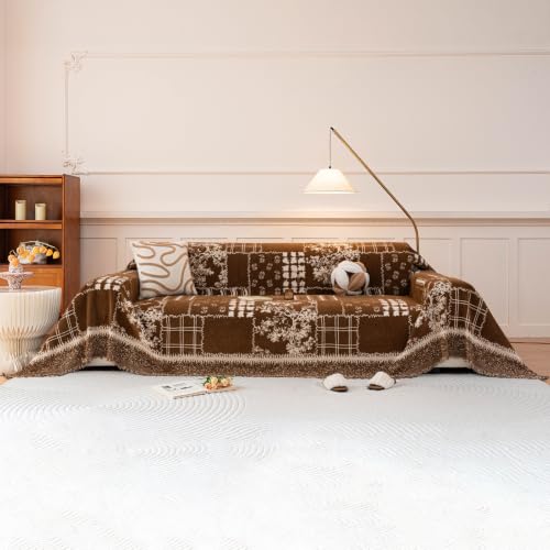 60# Botanical Plaid Brown chenille sofa throw cover color option