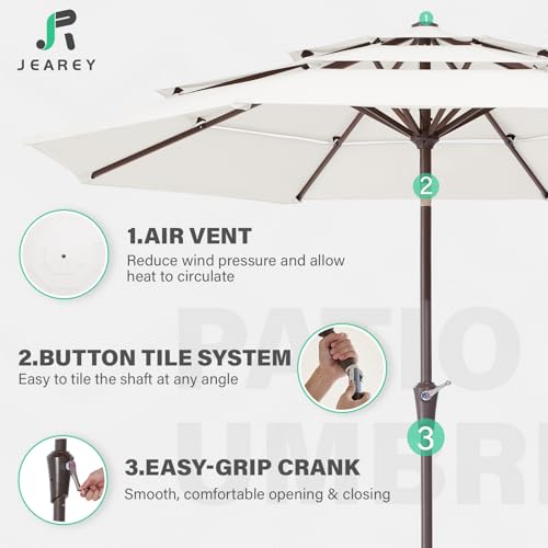 Image of JEAREY 9FT 3 Tier Patio Umbrella Outdoor Market Umbrella Table Umbrellas with 8 Ribs 1.5 Pole Push Button Tilt and Crank UV Protection for Garden,Off-white