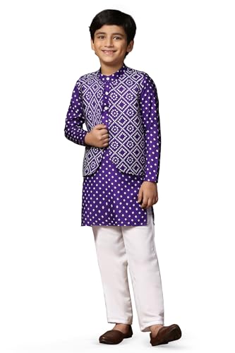 Image of Fashion Dream Boy's Cotton Blend Printed Kurta Pyjama And Jacket Set|Kurta And Payjama Set