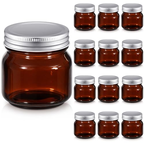 Gueevin 12 Pcs Amber Mason Jars 8 oz Regular Mouth Canning Jars Vintage Small Glass Jar Colored Spice Bottles with Airtight Lids and Bands for Kitchen Pickling Honey Wedding Supplies Shower Favors