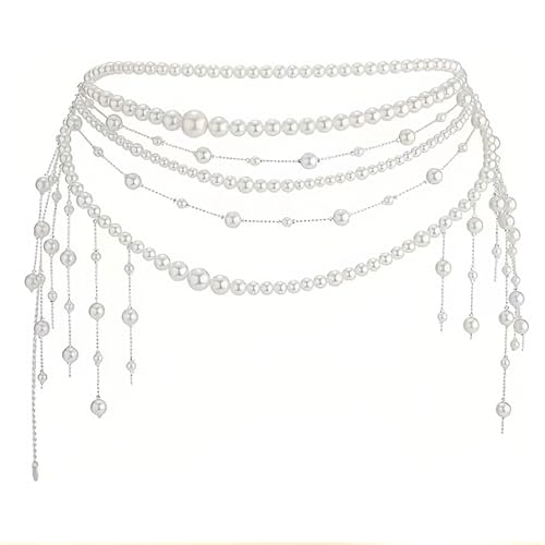Lilbitty Mehrlagige Perlen-Taillenkette für Frauen – Trendiger Körpergürtel mit Quastenanhänger, Weißer Perlen-Gürtel für Hochzeit,...