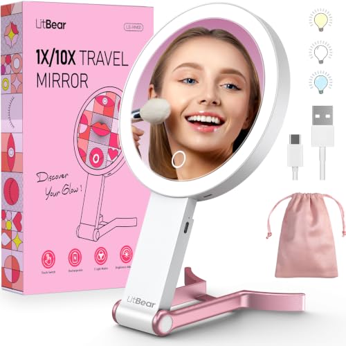 Image of LitBear Travel Makeup Mirror with Lights, Rechargeable Double-Sided 10X /1X Magnifying Mirror, Portable Lighted Beauty Mirror, 3 Color Lighting, Dimmable Touch Screen, Tabletop Handhold Hanging (White)