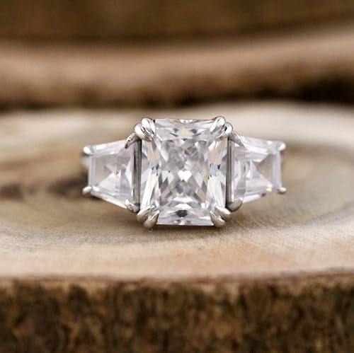 Radiant Cut Diamond 3 Stone Engagement Ring Side Stone Trapezoids and Radiant Wedding Ring 14K White Gold Plated Gifted Ring.size 3-12 (USA)2