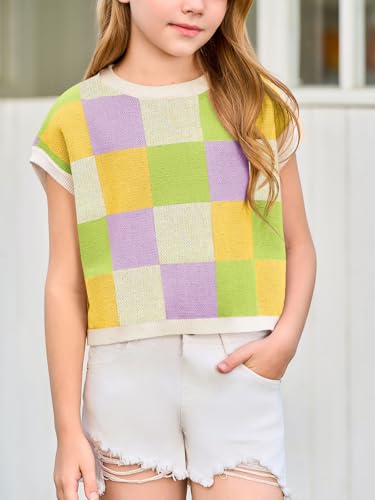 Image of Haloumoning Girls Summer Crop Tops Color Block Vest Cute Tanks Cap Sleeve Tee Loose Kids Knit Top 5-14 Years