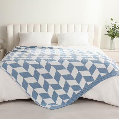 Image of Snuggle Sac Twin Size Blue Blankets for Bed, Super Soft Warm Blankets Oversized Cozy Knit Fuzzy Blanket for Living Room, Chevron Blue,60x80 inches