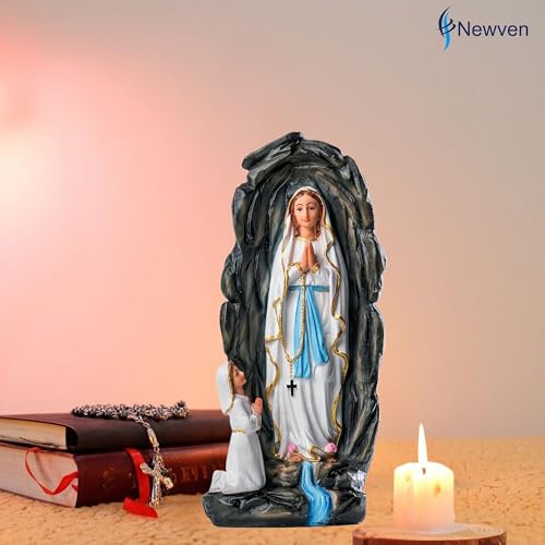 Image of Grotto of Mother Mary and Girl Statues First Holy Communion Birth Day Gifts for Girls Our Lady of Lourdes Christian Home Decor God Idol Showpiece, Multicolour, 12 X 8 X 29 CM