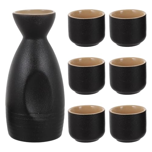 NESTINGHO Juego de Tazas y Tetera para Sake de Cerámica Japonesa, Color Negro Mate, Tapón de Madera, Set Pequeño para Servir Sake en Casa y Reuniones Familiares