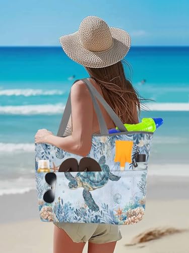 Beach Bags Women Mesh Tote Bag Nautical Ocean Turtle Coral Jellyfish Toy Grocery Pool Bag with Pockets for Travel/Picnic3