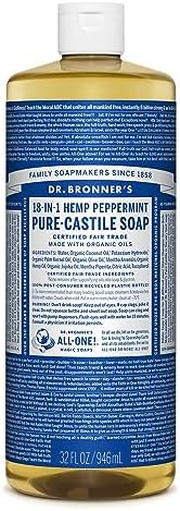 Dr. Bronner’s - Pure-Castile Liquid Soap (Peppermint, 32 ounce) - Made with Organic Oils, 18-in-1 Uses: Face, Body, Hair, Laundry, Pets and Dishes, Concentrated, Vegan, Non-GMO