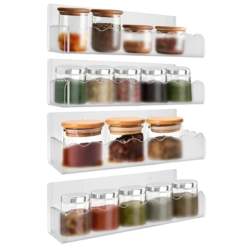 10 inch Spice Rack Wall Mounted,4 Pack Spice Organizer Shelf for Stove Cabinet Pantry Door, Adhesive or Screw Hanging Wall Spice Shelf Storage Holder in Kitchen and RV - Frost Color