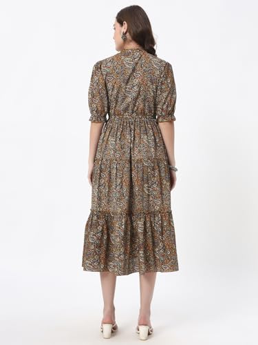 Image of Women's Fit and Flare Dress I Pure Cotton Long Summer Maxi Dress I V-Neck I Casual Wear I Printed Kalamkari Floral Middi