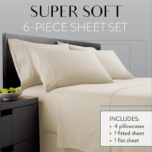 Danjor Linens Bed Sheet Set King Size for Hot Sleepers, Hotel Premium Sheets with 4 Pillowcases, Lightweight Brushed Microfiber Deep Pockets, Breathable Cooling 6 Piece Bedding Sets, Cream - Thumbnail 3