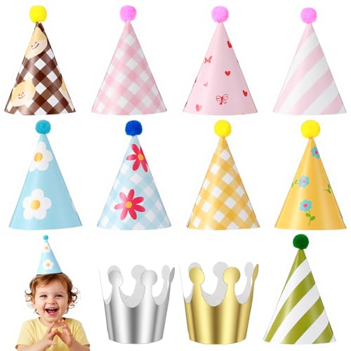 CIATBYYJ - Lot de 11 mini chapeaux de fête d'anniversaire colorés, chapeau d'anniversaire avec bande élastique, 9 chapeaux coniques avec pompons et 2 couronnes d'anniversaire, convient aux animaux en peluche
