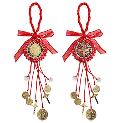Escapularios Catolicos,2PCS Golden Saint Benedict Medal Protection Blessing Charm, St Benedict Crucifix, Catholic Handmade Jewelry Gift Car Hanging Home Decor (2Red&Blue Saint Benedict)
